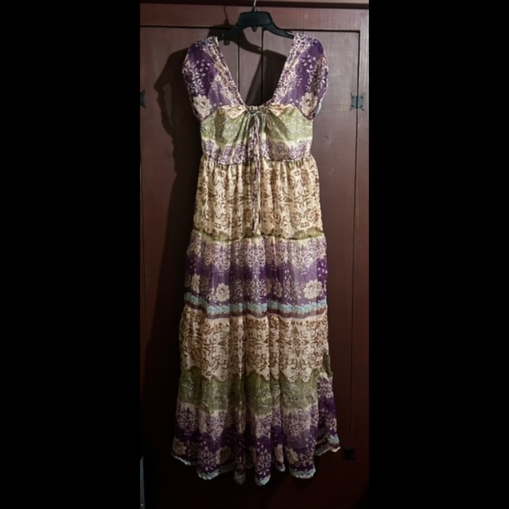 Chaudry KC Short Sleeve Bohemian Tiered Maxi Dress Green, Plum, Cream Size S